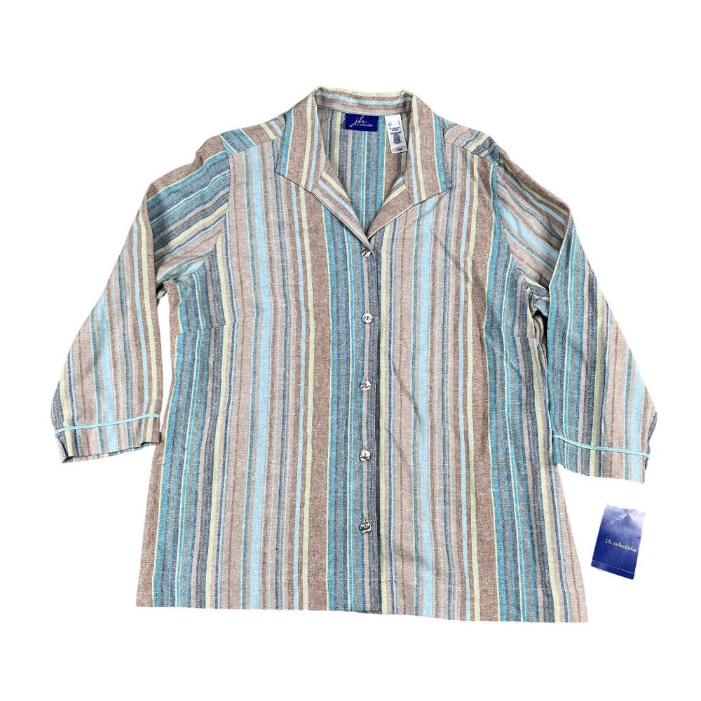 NWT JH Collectibles Womens Linen Blend Striped Colorful Button Down Shirt Sz Lar